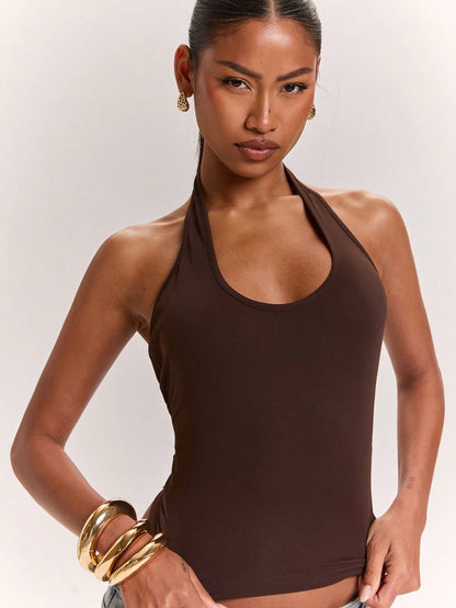 BAE Women's Knitted Solid Brown Casual Elegant Commute Halter Neck Backless Twisted Knot Sexy Practical Tank Top, Suitable For Vacation Summer