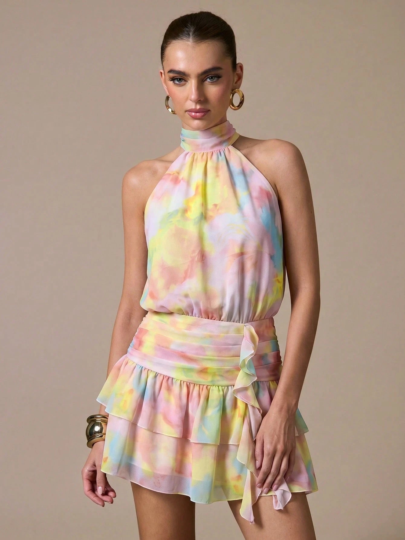 BAE Women's Pink And Yellow Print Pleated Fitted Sleeveless Dress Vacation Party Summer Elegant