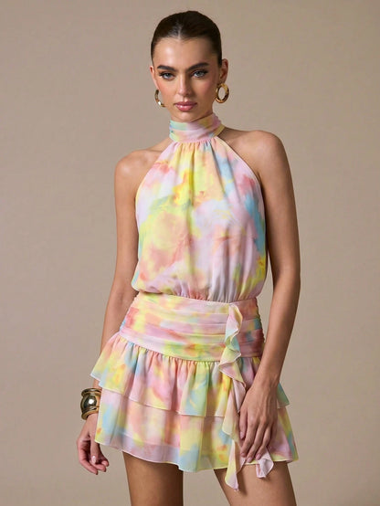 BAE Women's Pink And Yellow Print Pleated Fitted Sleeveless Dress Vacation Party Summer Elegant