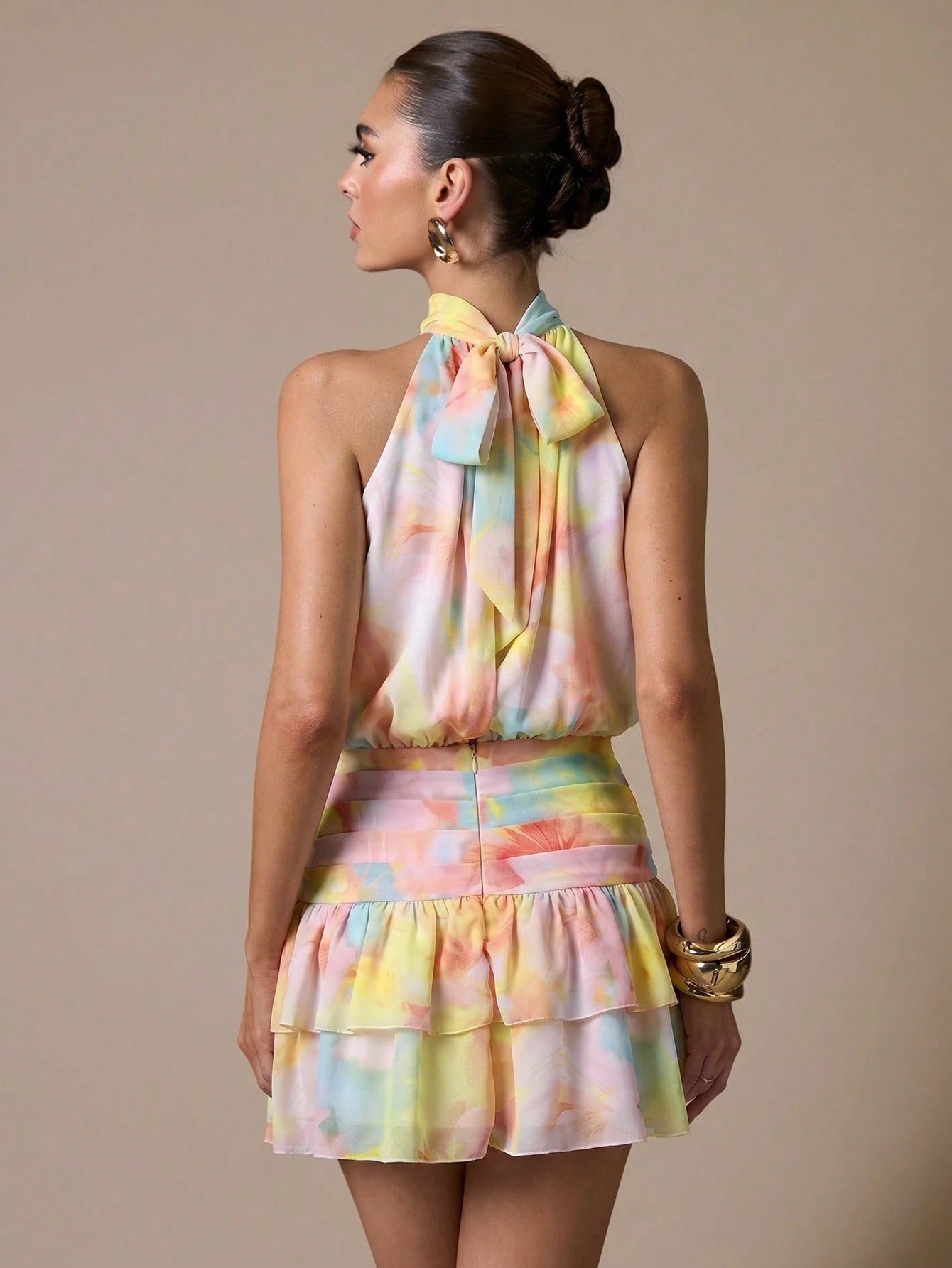BAE Women's Pink And Yellow Print Pleated Fitted Sleeveless Dress Vacation Party Summer Elegant
