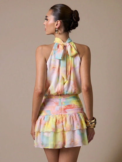 BAE Women's Pink And Yellow Print Pleated Fitted Sleeveless Dress Vacation Party Summer Elegant