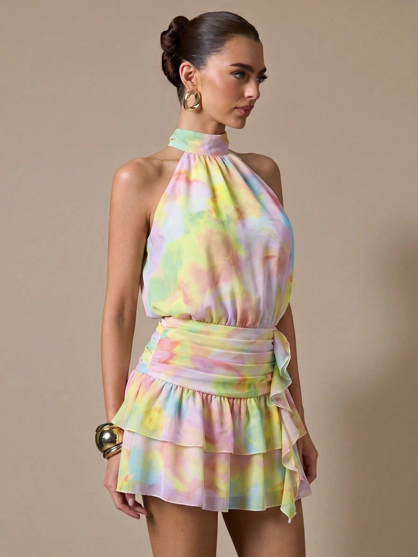 BAE Women's Pink And Yellow Print Pleated Fitted Sleeveless Dress Vacation Party Summer Elegant