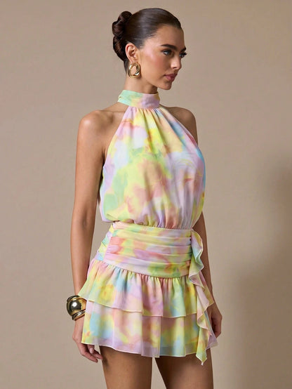BAE Women's Pink And Yellow Print Pleated Fitted Sleeveless Dress Vacation Party Summer Elegant