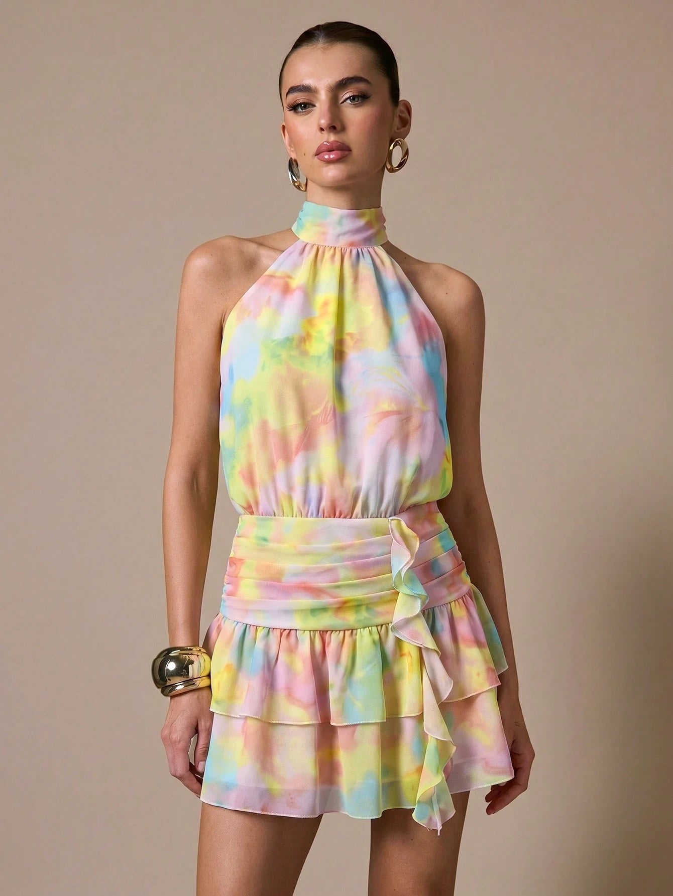 BAE Women's Pink And Yellow Print Pleated Fitted Sleeveless Dress Vacation Party Summer Elegant