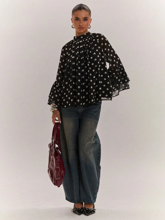 BAE Women's Polka Dot Print Round Neck Fashionable Versatile Blouse, Suitable For Dates, Festival Women