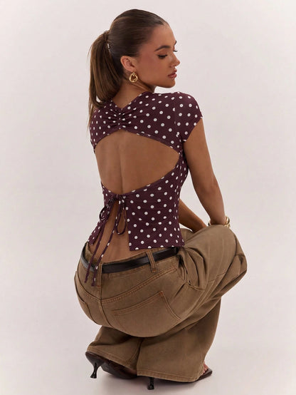 BAE Women's Sexy Casual Backless Knit Brown Polka Dot Top, Versatile For Daily Wear, Sexy Date Night, Nightclub Party Wear, Retro Y2K Style, Music Festival