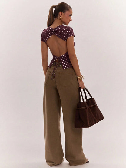 BAE Women's Sexy Casual Backless Knit Brown Polka Dot Top, Versatile For Daily Wear, Sexy Date Night, Nightclub Party Wear, Retro Y2K Style, Music Festival