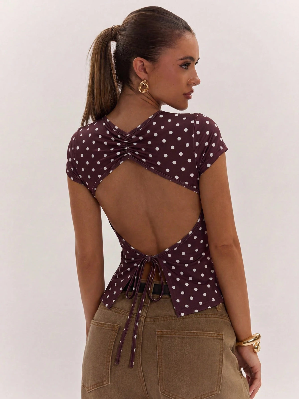 BAE Women's Sexy Casual Backless Knit Brown Polka Dot Top, Versatile For Daily Wear, Sexy Date Night, Nightclub Party Wear, Retro Y2K Style, Music Festival