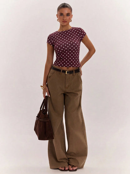BAE Women's Sexy Casual Backless Knit Brown Polka Dot Top, Versatile For Daily Wear, Sexy Date Night, Nightclub Party Wear, Retro Y2K Style, Music Festival