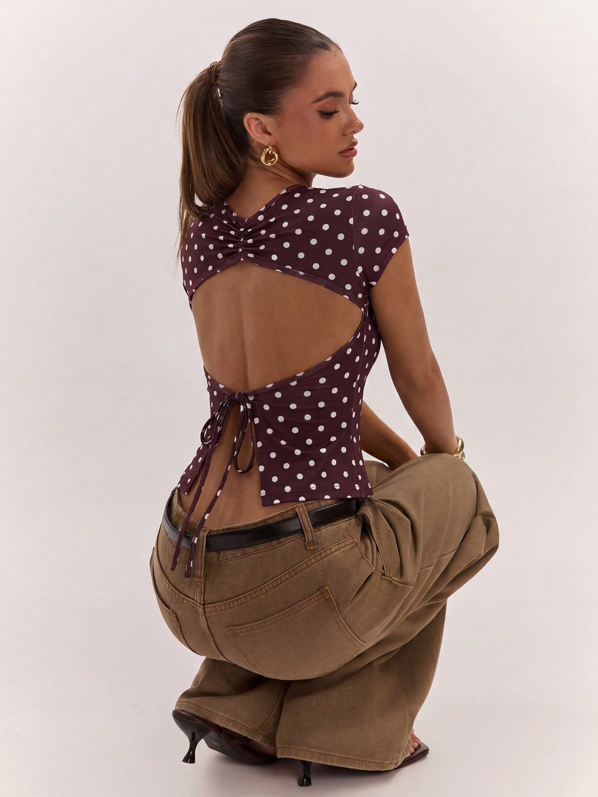 BAE Women's Sexy Casual Backless Knit Brown Polka Dot Top, Versatile For Daily Wear, Sexy Date Night, Nightclub Party Wear, Retro Y2K Style, Music Festival