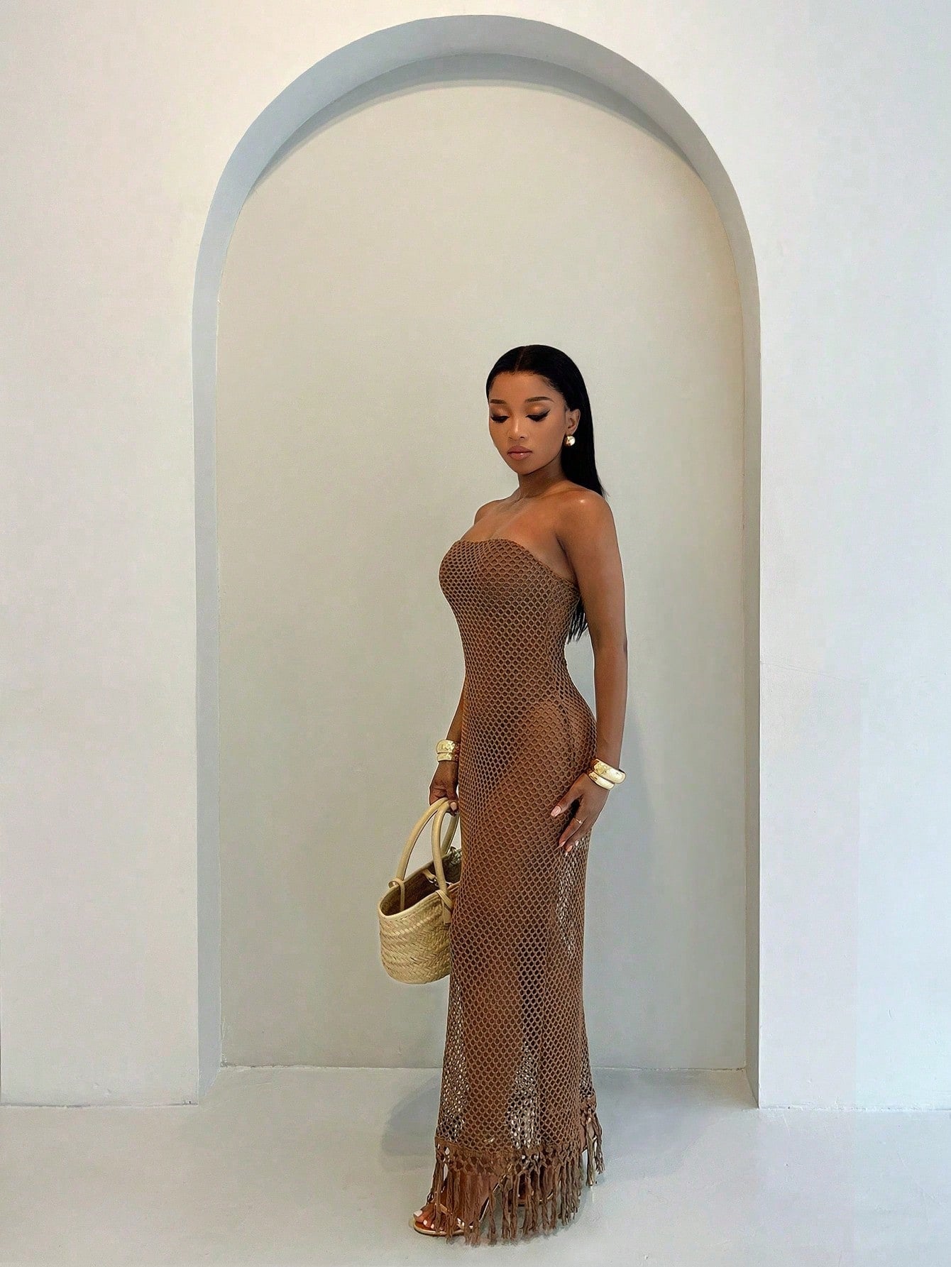 BamGlam Women's Crochet Mesh Tassel Hem Dress,Fake Two-Piece Jumpsuit Strapless Covered,All Shades Of Brown,Summer,Casual,Vacation,Holiday Beach Wear