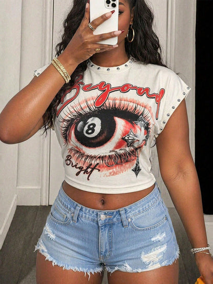 BamGleam American Hot Girl Style Eye Print Short Sleeve T-Shirt, Rivet Decor Cropped Midriff Top, Vintage Streetwear