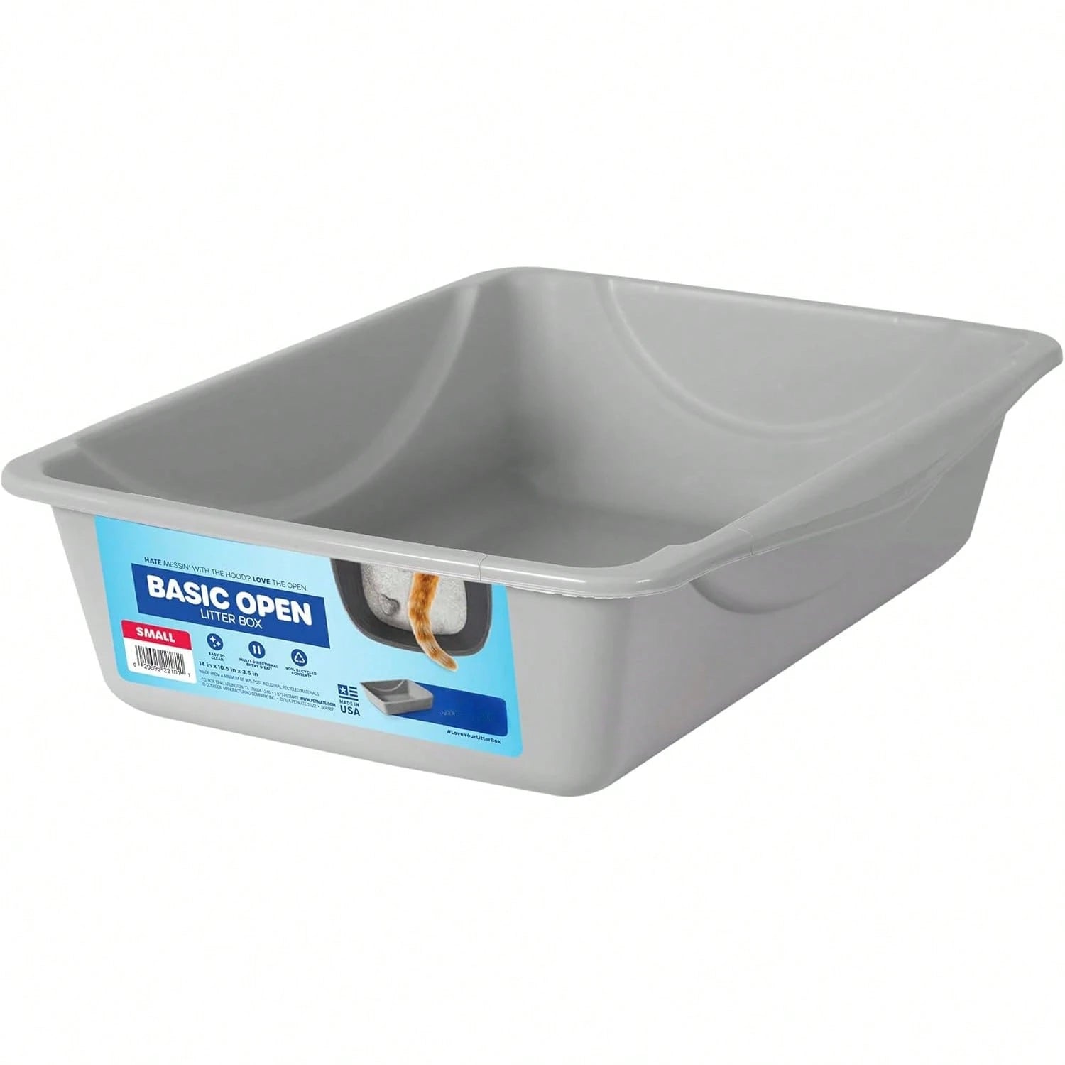 Basic Open Cat Litter Pan, Multidirectional Easy To Clean Plastic Litter Box, Gray, Made In USA, 14" X 10.5" X 3.5", Small Recommended For Kittens And Small Cats