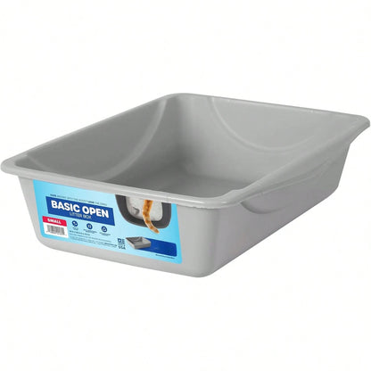 Basic Open Cat Litter Pan, Multidirectional Easy To Clean Plastic Litter Box, Gray, Made In USA, 14" X 10.5" X 3.5", Small Recommended For Kittens And Small Cats