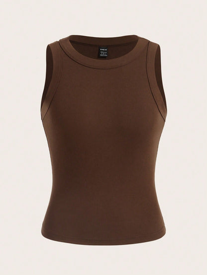 BASICS Solid Ribbed Knit Tank Top/Summer Tops For Women