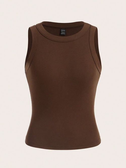 BASICS Solid Ribbed Knit Tank Top/Summer Tops For Women