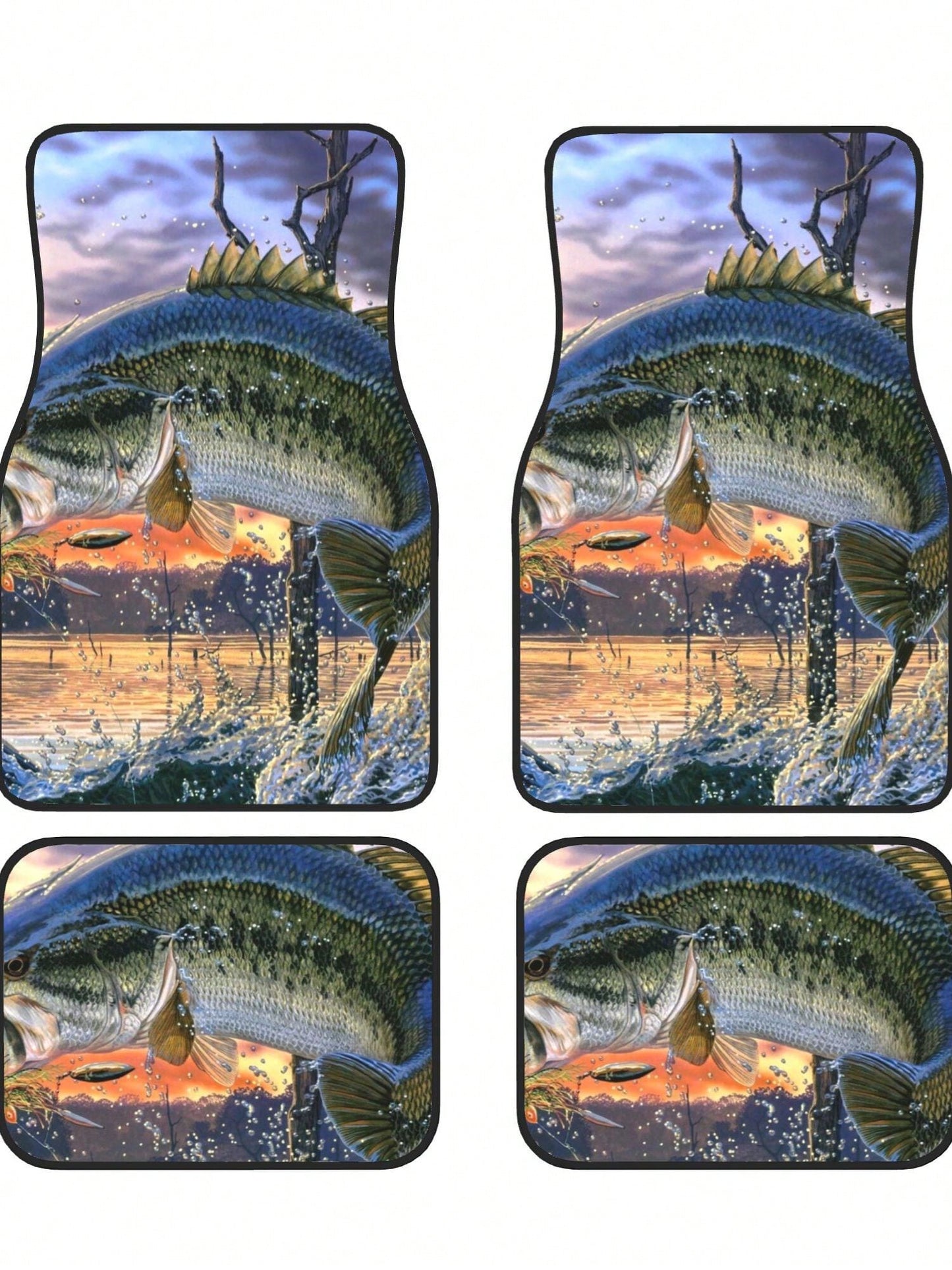 Bass Fish Sunrise 4-Piece Custom Printed All-Weather Floor Mats- Universal Fit For Suv, Truck, Van| Easy Clean