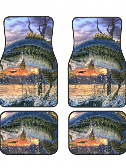 Bass Fish Sunrise 4-Piece Custom Printed All-Weather Floor Mats- Universal Fit For Suv, Truck, Van| Easy Clean