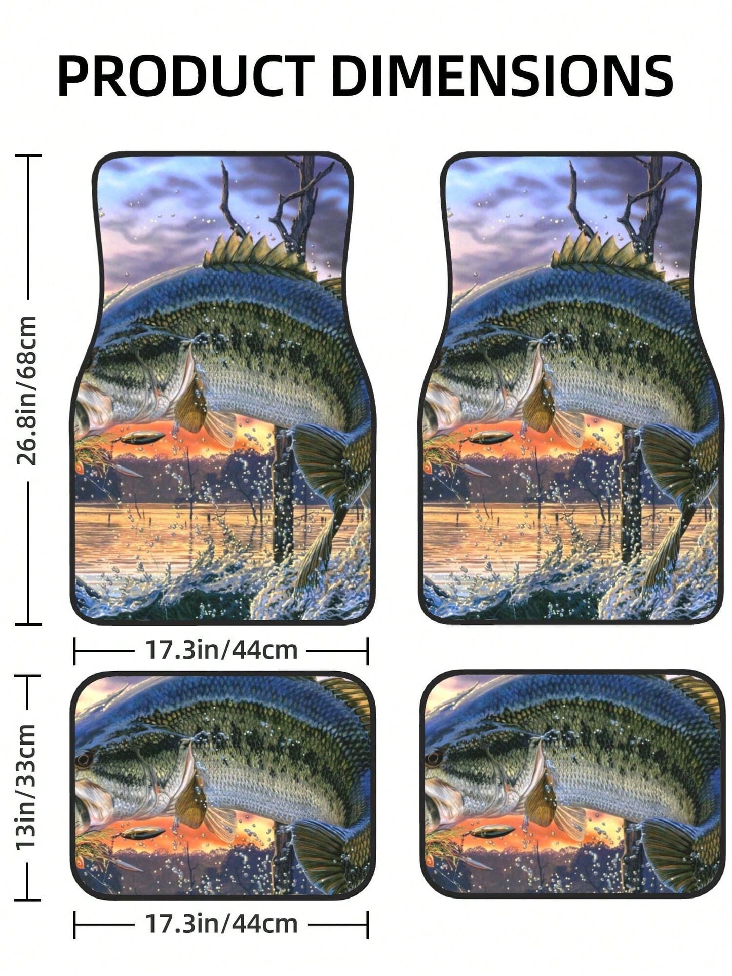 Bass Fish Sunrise 4-Piece Custom Printed All-Weather Floor Mats- Universal Fit For Suv, Truck, Van| Easy Clean