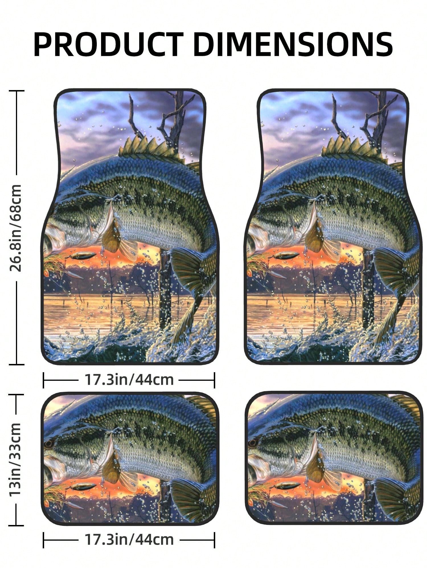 Bass Fish Sunrise 4-Piece Custom Printed All-Weather Floor Mats- Universal Fit For Suv, Truck, Van| Easy Clean