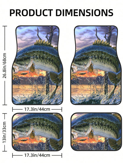 Bass Fish Sunrise 4-Piece Custom Printed All-Weather Floor Mats- Universal Fit For Suv, Truck, Van| Easy Clean
