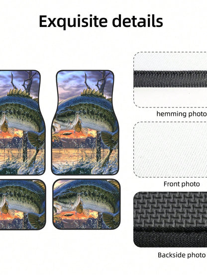 Bass Fish Sunrise 4-Piece Custom Printed All-Weather Floor Mats- Universal Fit For Suv, Truck, Van| Easy Clean