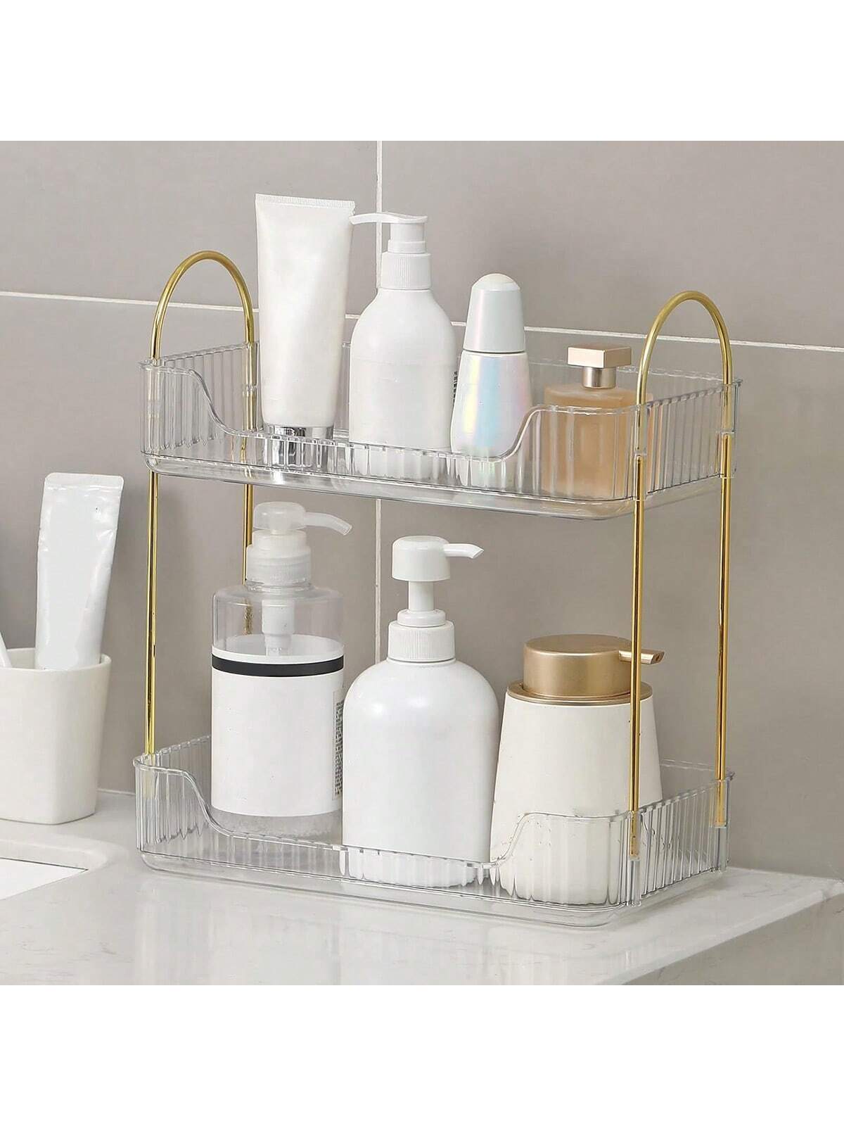 Bathroom Counter Organizer Countertop Shelf, 2 Tiers Plastic Tray Stand, Skincare Organizer Perfume Holder For Dresser, Bathroom Countertop Tray For Cosmetic, Skin Care, Lipstick