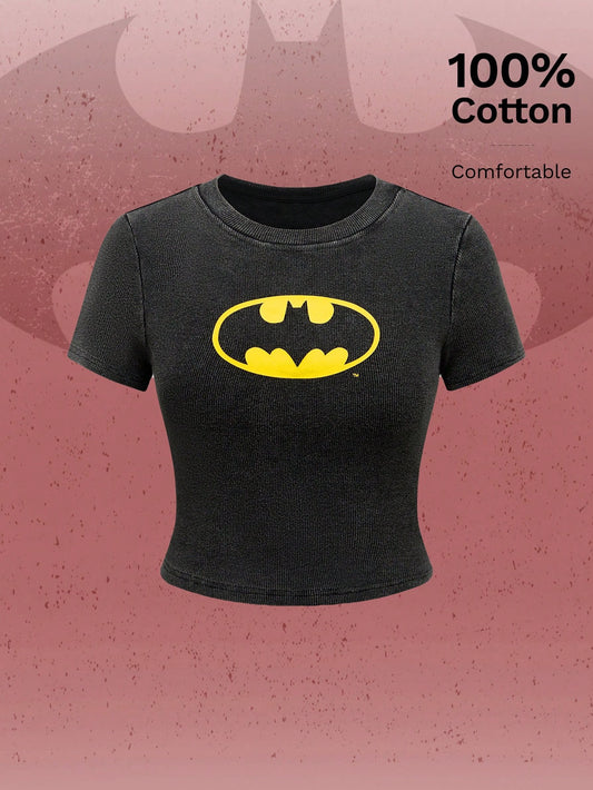 Batman X ROMWE Casual Bat Logo Printed Slim Fit T-Shirt, Summer