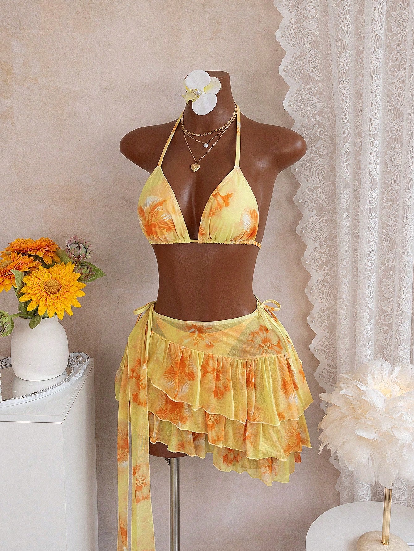 Bellisia 3pcs Watercolor Floral Print Halter Bikini Top, Tie Side Bikini Bottom, And Sarong Skirt Swimwear Set, Summer Holiday