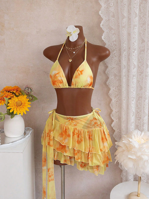 Bellisia 3pcs Watercolor Floral Print Halter Bikini Top, Tie Side Bikini Bottom, And Sarong Skirt Swimwear Set, Summer Holiday