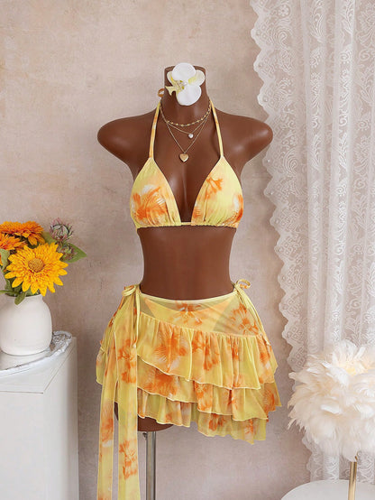 Bellisia 3pcs Watercolor Floral Print Halter Bikini Top, Tie Side Bikini Bottom, And Sarong Skirt Swimwear Set, Summer Holiday