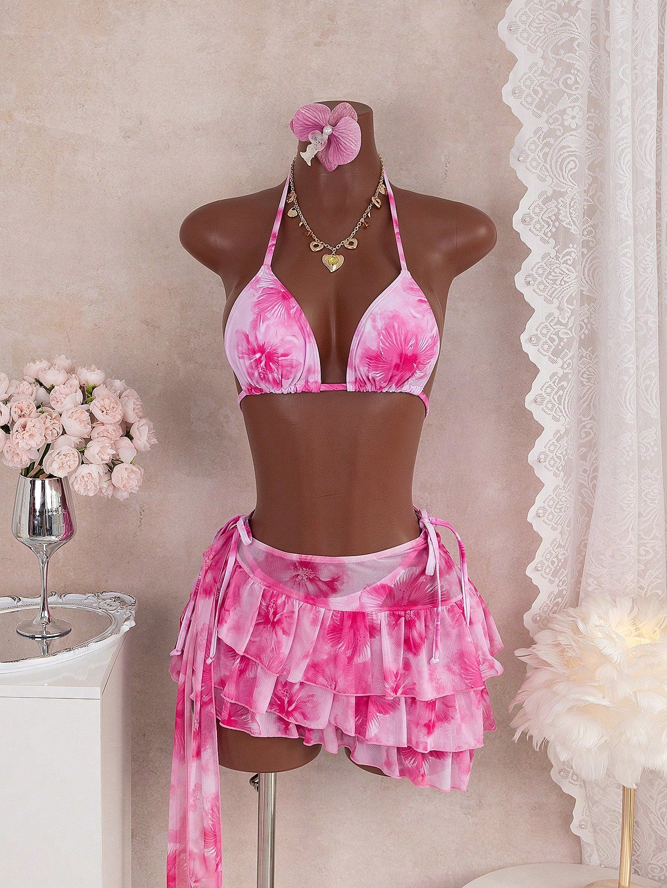 Bellisia 3pcs Watercolor Floral Print Halter Bikini Top, Tie Side Bikini Bottom, And Sarong Skirt Swimwear Set, Summer Holiday