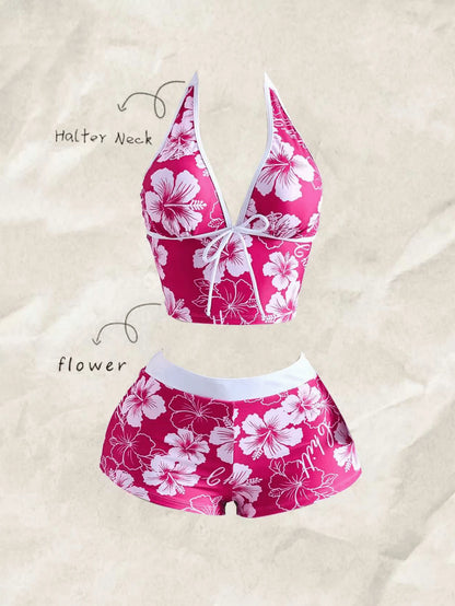 Bellisia Women Pink Floral Print Colorblock 2-Piece Set,Boho Summer Beach Vacation Holiday Holiday Outfit,European & American Music Festival Beach Party