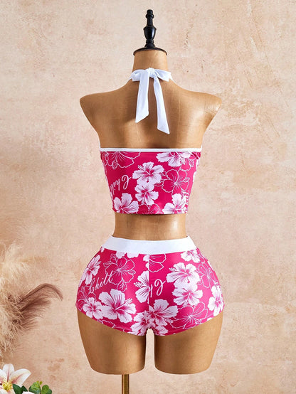 Bellisia Women Pink Floral Print Colorblock 2-Piece Set,Boho Summer Beach Vacation Holiday Holiday Outfit,European & American Music Festival Beach Party