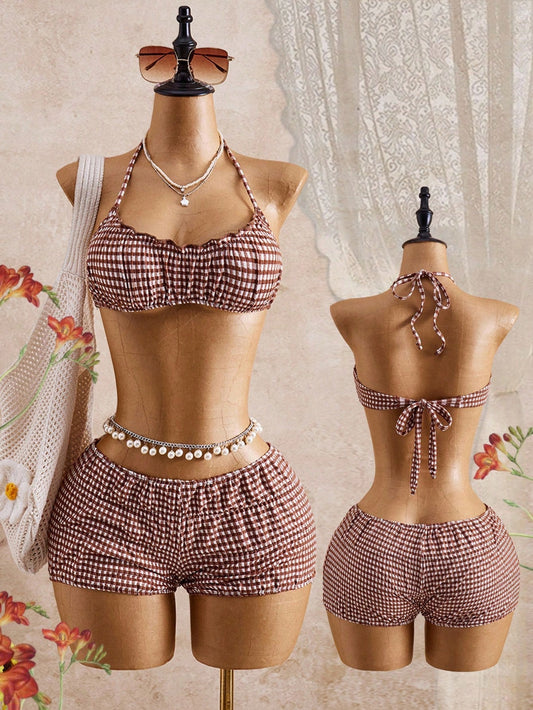 Bellisia Women's Cute Blue And White Halter Tie Plaid Ruffle Trim Bikini Set,Summer Beach Resort Swimwear, Holiday Two-Piece Beach Party Vacation Outfit