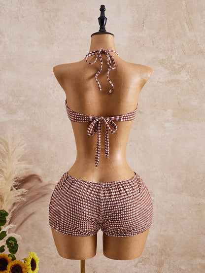 Bellisia Women's Cute Blue And White Halter Tie Plaid Ruffle Trim Bikini Set,Summer Beach Resort Swimwear, Holiday Two-Piece Beach Party Vacation Outfit