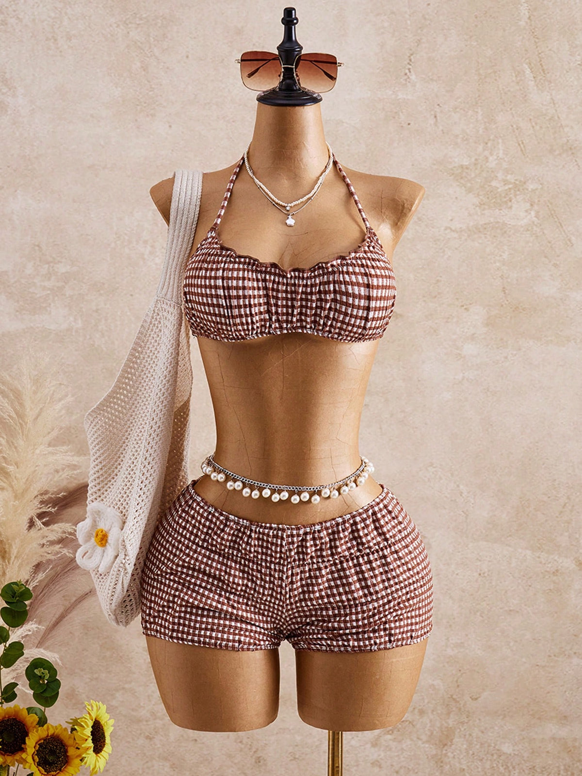 Bellisia Women's Cute Blue And White Halter Tie Plaid Ruffle Trim Bikini Set,Summer Beach Resort Swimwear, Holiday Two-Piece Beach Party Vacation Outfit