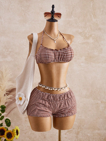 Bellisia Women's Cute Blue And White Halter Tie Plaid Ruffle Trim Bikini Set,Summer Beach Resort Swimwear, Holiday Two-Piece Beach Party Vacation Outfit