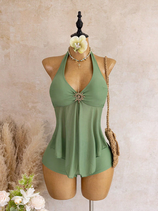Bellisia Women's Solid Color Metal Decor Halter Neck Tie Tankini And Triangle Bikini Bottom Two-Piece Swimsuit Set, Suitable For Summer Vacation And Beach