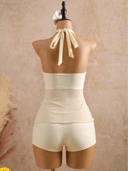 Bellisia Women's Solid Color Metal Decor Halter Neck Tie Tankini And Triangle Bikini Bottom Two-Piece Swimsuit Set, Suitable For Summer Vacation And Beach