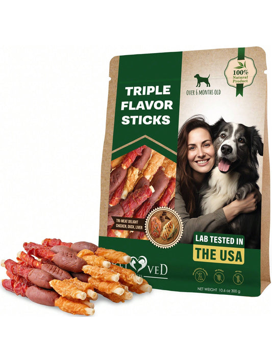 Beloved Pets Triple Flavor Dog Rawhide Treats- Duck & Chicken Human Grade Meat- Natural Pet Dried Snacks- Grain Free Long Lasting Chews For Large & Small Dogs- Best Sticks For Healthy Teeth- Lab