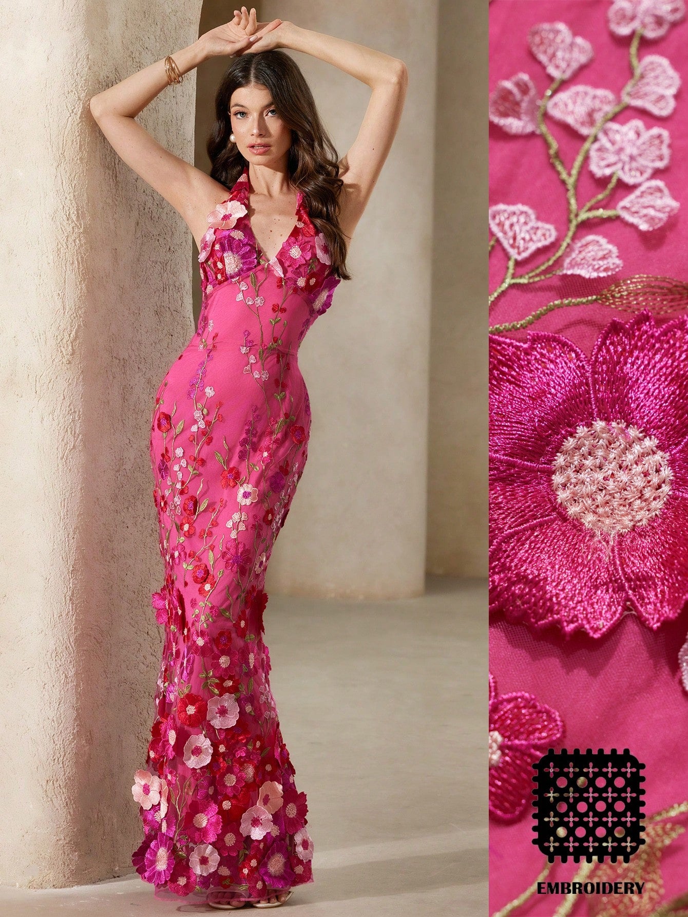 BELROSIE Pink Floral Summer Elegant Wedding Ninang Jacquard Mesh 3D Floral Applique Deep V Backless Bodycon Fishtail Maxi Dress Embroidered For Women