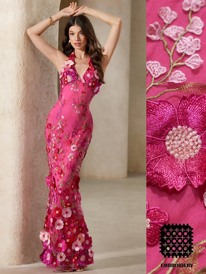 BELROSIE Pink Floral Summer Elegant Wedding Ninang Jacquard Mesh 3D Floral Applique Deep V Backless Bodycon Fishtail Maxi Dress Embroidered For Women