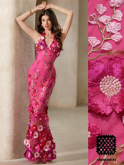 BELROSIE Pink Floral Summer Elegant Wedding Ninang Jacquard Mesh 3D Floral Applique Deep V Backless Bodycon Fishtail Maxi Dress Embroidered For Women