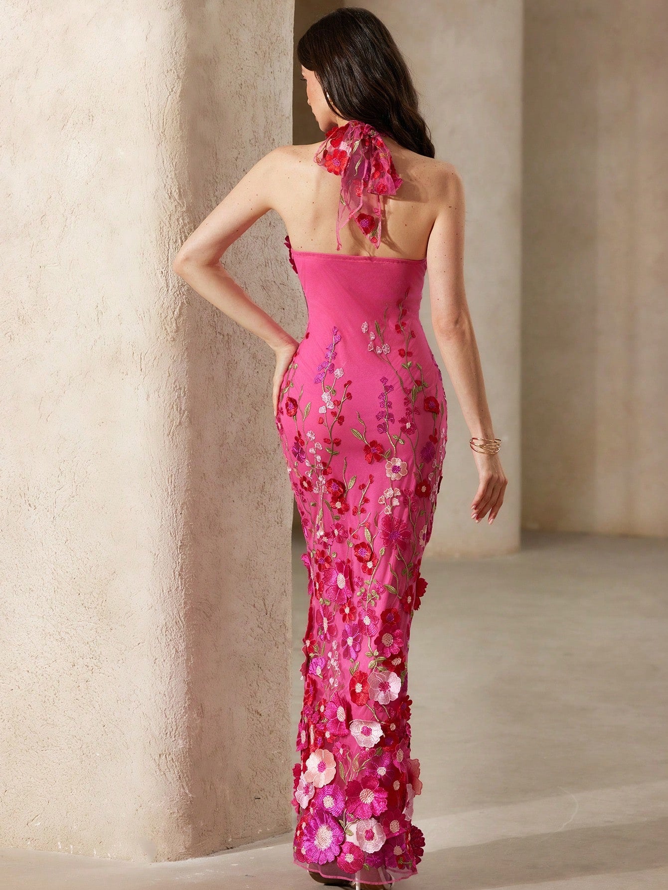 BELROSIE Pink Floral Summer Elegant Wedding Ninang Jacquard Mesh 3D Floral Applique Deep V Backless Bodycon Fishtail Maxi Dress Embroidered For Women