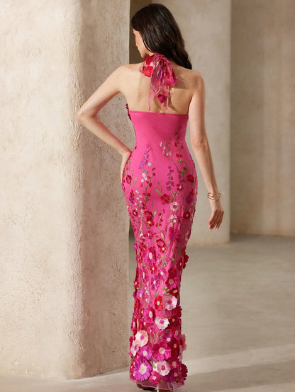 BELROSIE Pink Floral Summer Elegant Wedding Ninang Jacquard Mesh 3D Floral Applique Deep V Backless Bodycon Fishtail Maxi Dress Embroidered For Women