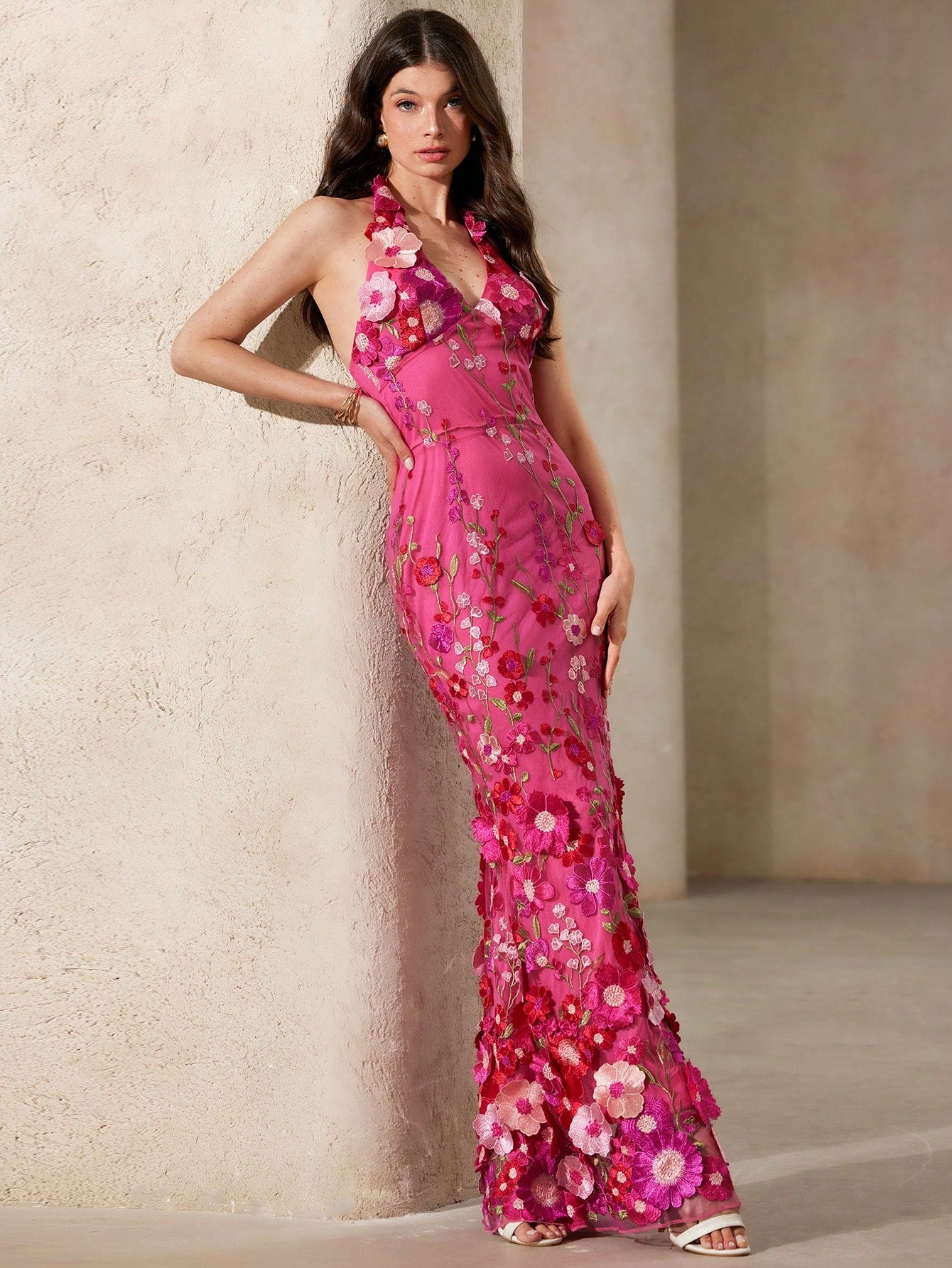 BELROSIE Pink Floral Summer Elegant Wedding Ninang Jacquard Mesh 3D Floral Applique Deep V Backless Bodycon Fishtail Maxi Dress Embroidered For Women