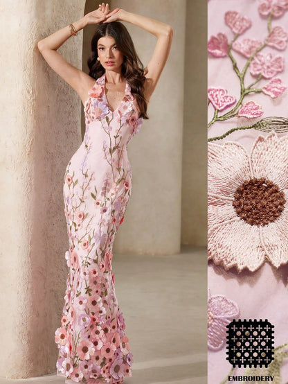 BELROSIE Pink Floral Summer Elegant Wedding Ninang Jacquard Mesh 3D Floral Applique Deep V Backless Bodycon Fishtail Maxi Dress Embroidered For Women