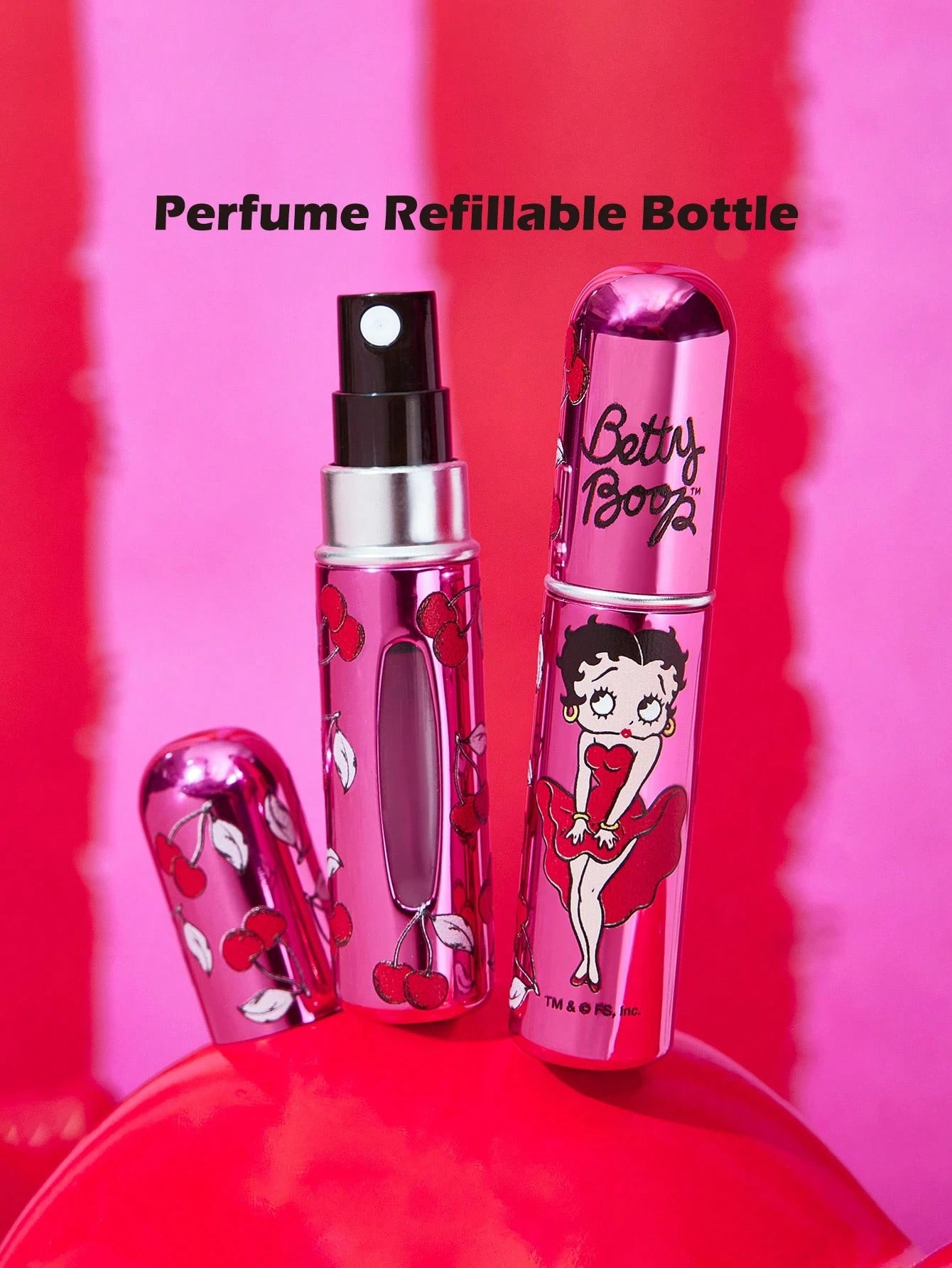 Betty Boop x 5 Ml/0.2 Oz Rose Red Fillable Spray Bottle With Automatic Bottom Filling Pump, Reusable Perfume Bottle, Mini Portable Cosmetic Bottle With Window, Suitable For Travel And Airplane C