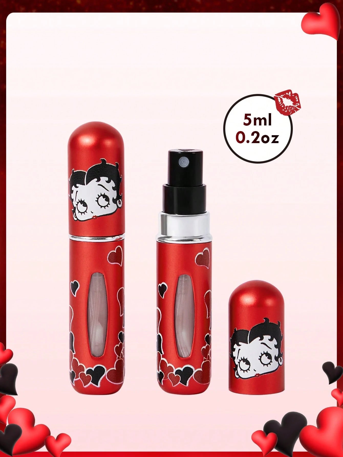 Betty Boop x 5 Ml Cartoon Character & Heart Shaped Refillable Misting Spray Bottle, Gift Ideas,Party,Holiday,Valentine's Day,Vacation